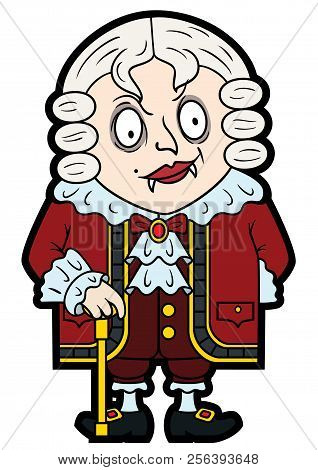 Illustration An Old-fashioned Vampire Wearing A Wig, In A Flat Cartoon Style