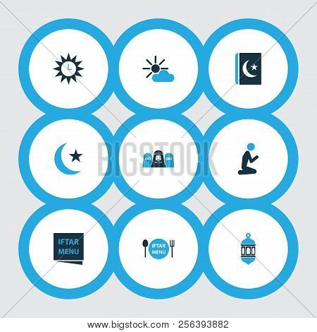 Religion Icons Colored Set With Menu, Asr, Islam Book And Other Clock Elements. Isolated Vector Illu