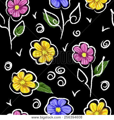 Seamless Background With Cute Garden Flowers And Geometric Elements In Doodles Style. Design For Clo