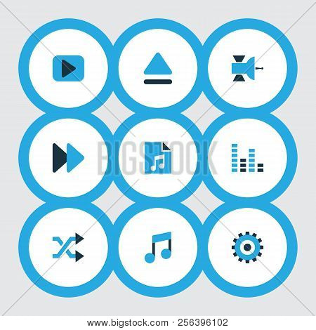 Music Icons Colored Set With Audio Mixer, Eject, Fast Forward And Other Play Elements. Isolated Vect