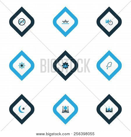 Holiday Icons Colored Set With Masjid, Fajr, No Sex And Other Ramadan Elements. Isolated  Illustrati