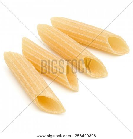Italian pasta isolated on white background. Pennoni. Penne rigate.