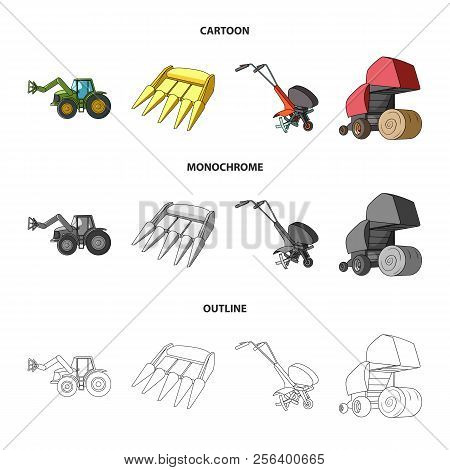 Motoblock And Other Agricultural Devices. Agricultural Machinery Set Collection Icons In Cartoon, Ou
