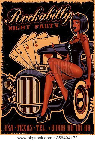 Vintage Poster With Girl Devil On The Classic Car.
