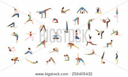 Crowd Of Tiny People Performing Yoga Exercises. Men And Women Practicing Asana Isolated On White Bac