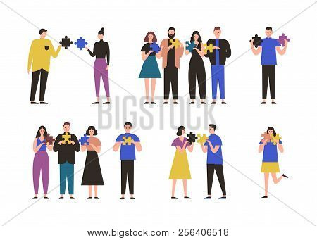 Male And Female Characters Standing Alone, In Pair Or Group And Holding Jigsaw Puzzle Pieces. Concep