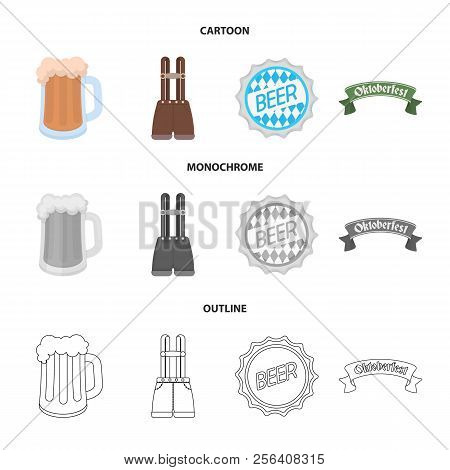 Shorts With Suspenders, A Glass Of Beer, A Sign, An Emblem. Oktoberfest Set Collection Icons In Cart