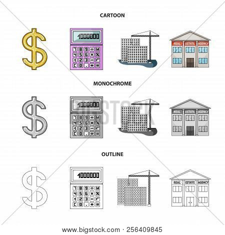 Calculator, Dollar Sign, New Building, Real Estate Offices. Realtor Set Collection Icons In Cartoon,