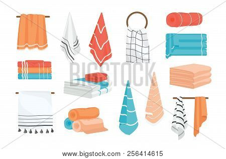 Collection Of Hand And Bath Fabric Towels Rolled, Hanging On Rail Or Ring, Lying In Stack. Bundle Of