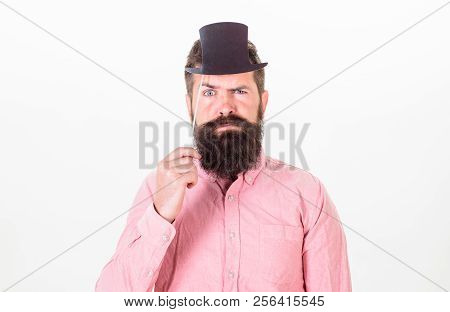 Guaranteed Ways Appear Smarter Than You Are. Man Bearded Hipster Hold Cardboard Top Hat To Look Smar