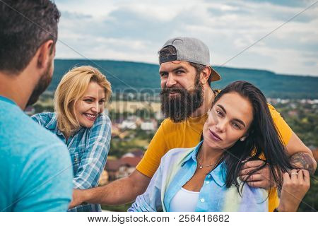 Double Date Concept. Group Friends Hang Out Together. Company Stylish Young People Spend Leisure Out