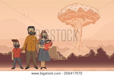 Family In Gas Masks On Nuclear Explosion Background. Futuristic Apocalyptical Scene. Flat Vector Ill