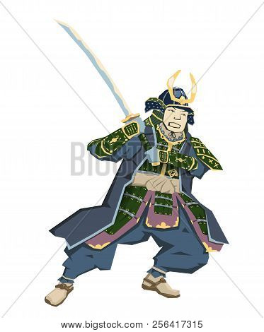 Japanese Samurai Warrior With Katana Sward In Fighting Position. Vector Illustration. Flat Style, Is