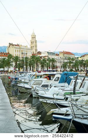 Moored Boats And Promenade In Split, Croatia.