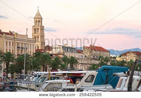 Moored Boats And Promenade In Split, Croatia.