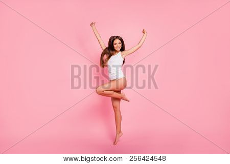 Good Morning! Full Length Size Body Young Gorgeous Nice Straight-haired Lady Wearing Sleepwear, Cele