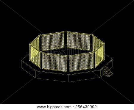 Octagon Fight Cage. Isolated On Black Background. Vector Outline Illustration. Dimetric Projection.