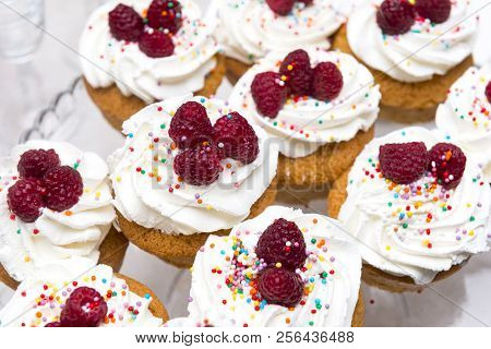 Plate With Biscuit Cakes With Cream And Raspberry Berries, A Sweet Dissertation, Sweets