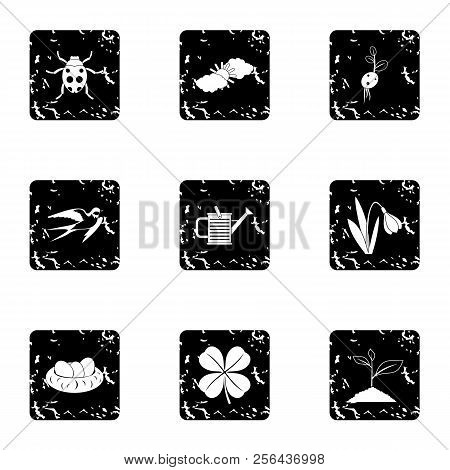 Tending Garden Icons Set. Grunge Illustration Of 9 Tending Garden Icons For Web