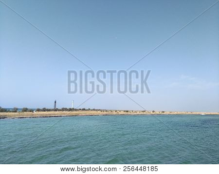 Panorama Of The Island Dzharylgach In The Area Of Lighthouses, You Can See The Beach And The Swimmin