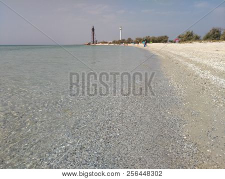 Panorama Of The Island Dzharylgach In The Area Of Lighthouses, You Can See The Beach And The Swimmin