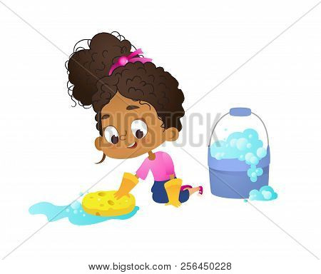 Concept Of Children Doing Household Routines - Little African-american Girl Mopping Floor Waering La