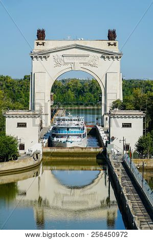 Passenger Ship Passes The First Gateway Of The Volga-don Shipping Canal. Volgograd. Russia.