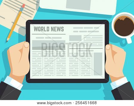 Businessman Reading News On On Table. Online Newspaper, Daily Magazines. Business News At Breakfast 
