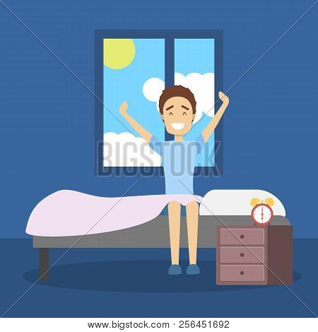 Handsome Young Man Strecthing Up In The Bed