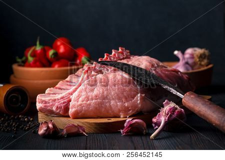 Fresh Pork Chop Raw With Ingredient On Datk Background