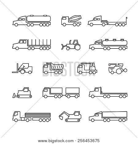 Construction Machines. Trucks, Tractors And Heavy Equipment Line Icons. Vector Transport Tractor, Tr