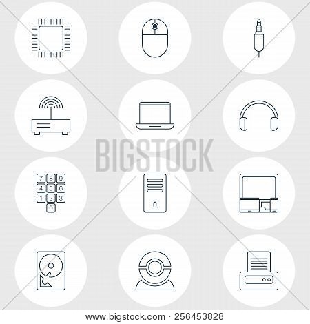 Vector Illustration Of 12 Laptop Icons Line Style. Editable Set Of Printout, Internet Discussing, Pl