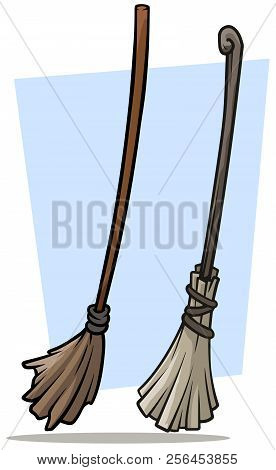 Cartoon Brown Broom Cleaner With Wooden Handle And Dust On Blue Background. Vector Icon Set.