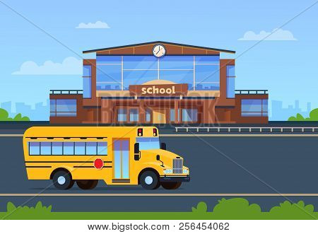 School Building. College Exterior With Yellow Bus. Education Background. Elementary School Vector Co