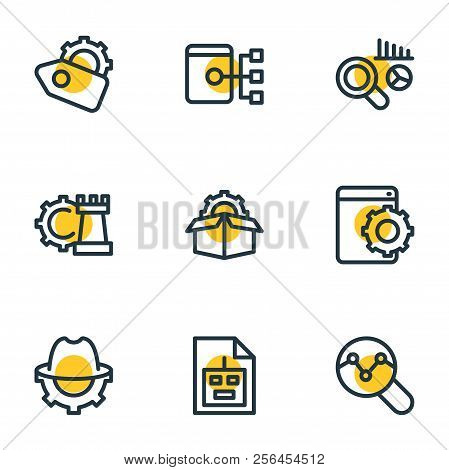 Vector Illustration Of 9 Marketing Icons Line Style. Editable Set Of Seo Tag, Robot Txt, Service Pac