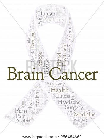 Brain Cancer With Ribbon Word Cloud. Wordcloud Made With Text Only.
