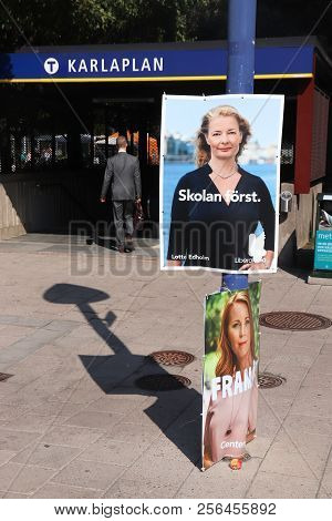 Stockholm, Sweden - August 24, 2018: Liberals (liberalerna) And Centre Party (centerpartiet) Politic