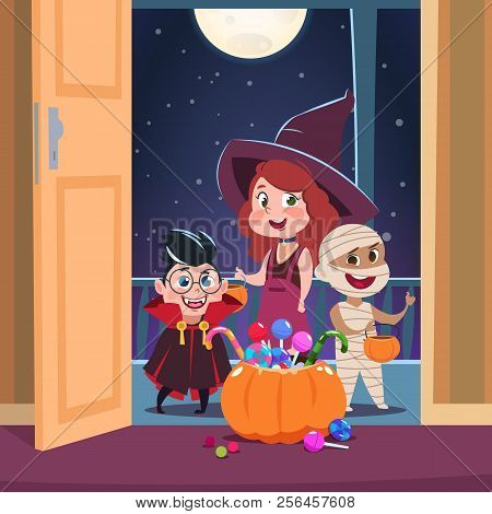 Halloween Trick Or Treat Background. Kids In Halloween Costumes With Candies In Doorway. Spooky Octo
