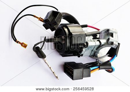 Ignition Lock With Car Key. Isolated On White Background With Clipping Path