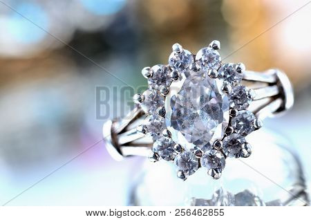 Close-up Of Silver Ring With Artificial Stone - Jewelery, Cold Color Balance