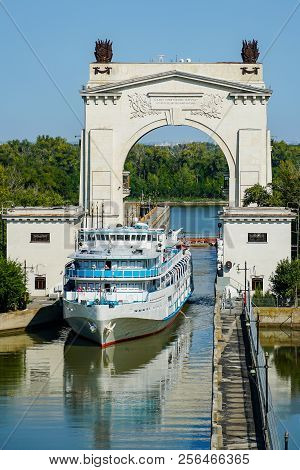 Passenger Ship Passes The First Gateway Of The Volga-don Shipping Canal. Volgograd. Russia.