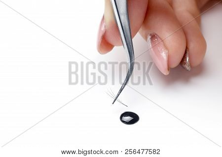 Closeup Eyelash Extension Tools On White Background. Artificial Lashes 3d, Classic Drop Of Glue Isol