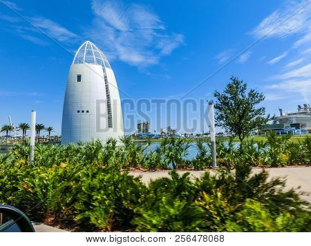 Cape Canaveral, Usa - April 29, 2018: Exploration Tower Is Located At The Port Of Canaveral And Feat