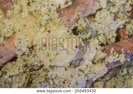 Spicy Indian Prawn Food Dish, Prepared With Coconut For Nice Taste. Close Up Image Of The Prawns Bei