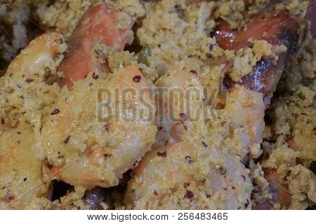 Spicy Indian Prawn Food Dish, Prepared With Coconut For Nice Taste. Close Up Image Of The Prawns Bei