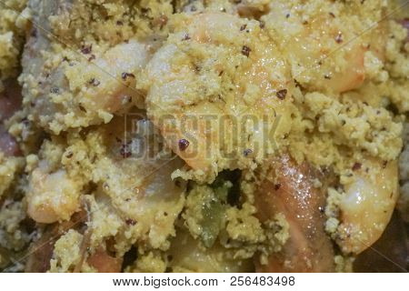 Spicy Indian Prawn Food Dish, Prepared With Coconut For Nice Taste. Close Up Image Of The Prawns Bei