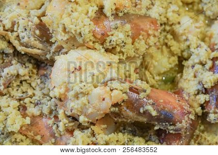 Spicy Indian Prawn Food Dish, Prepared With Coconut For Nice Taste. Close Up Image Of The Prawns Bei