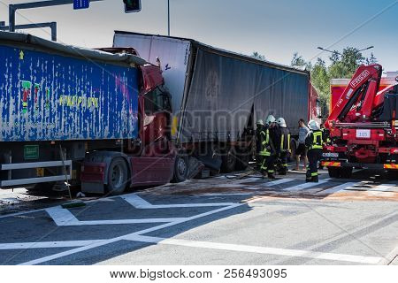 The Collision Of Two Trucks In Latvia, On The A8 Road, Occurred On August 23, 2018