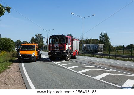 The Collision Of Two Trucks In Latvia, On The A8 Road, Occurred On August 23, 2018