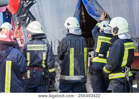 The Collision Of Two Trucks In Latvia, On The A8 Road, Occurred On August 23, 2018